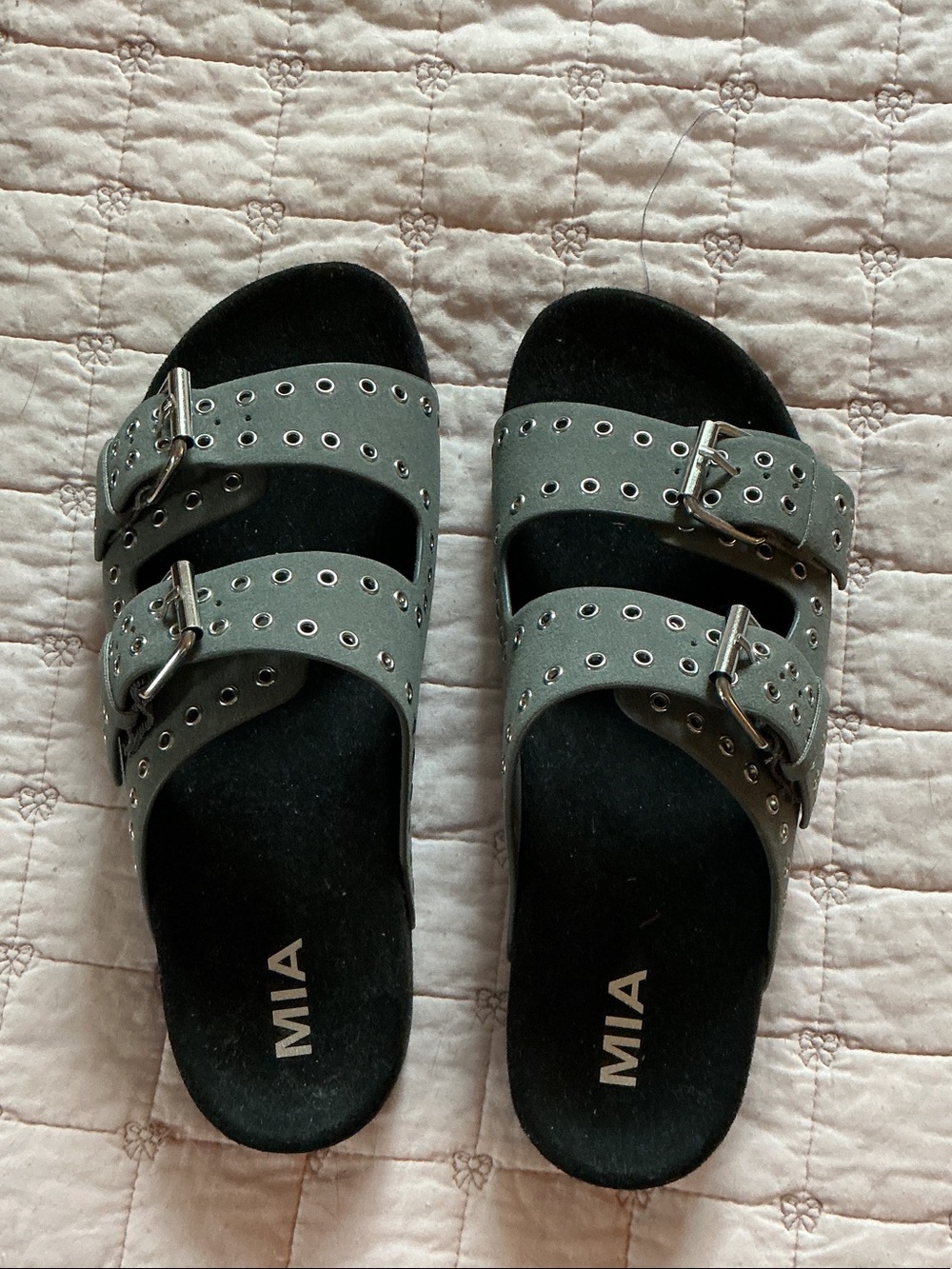 MIA Gray Double-Buckle Eyelet Slide Mules